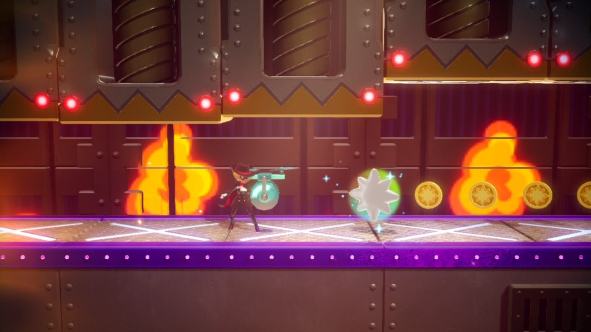 Dashing Thief Peach can be seen running through falling platforms, with a Sparkle Gem just in front of her in Princess Peach: Showtime