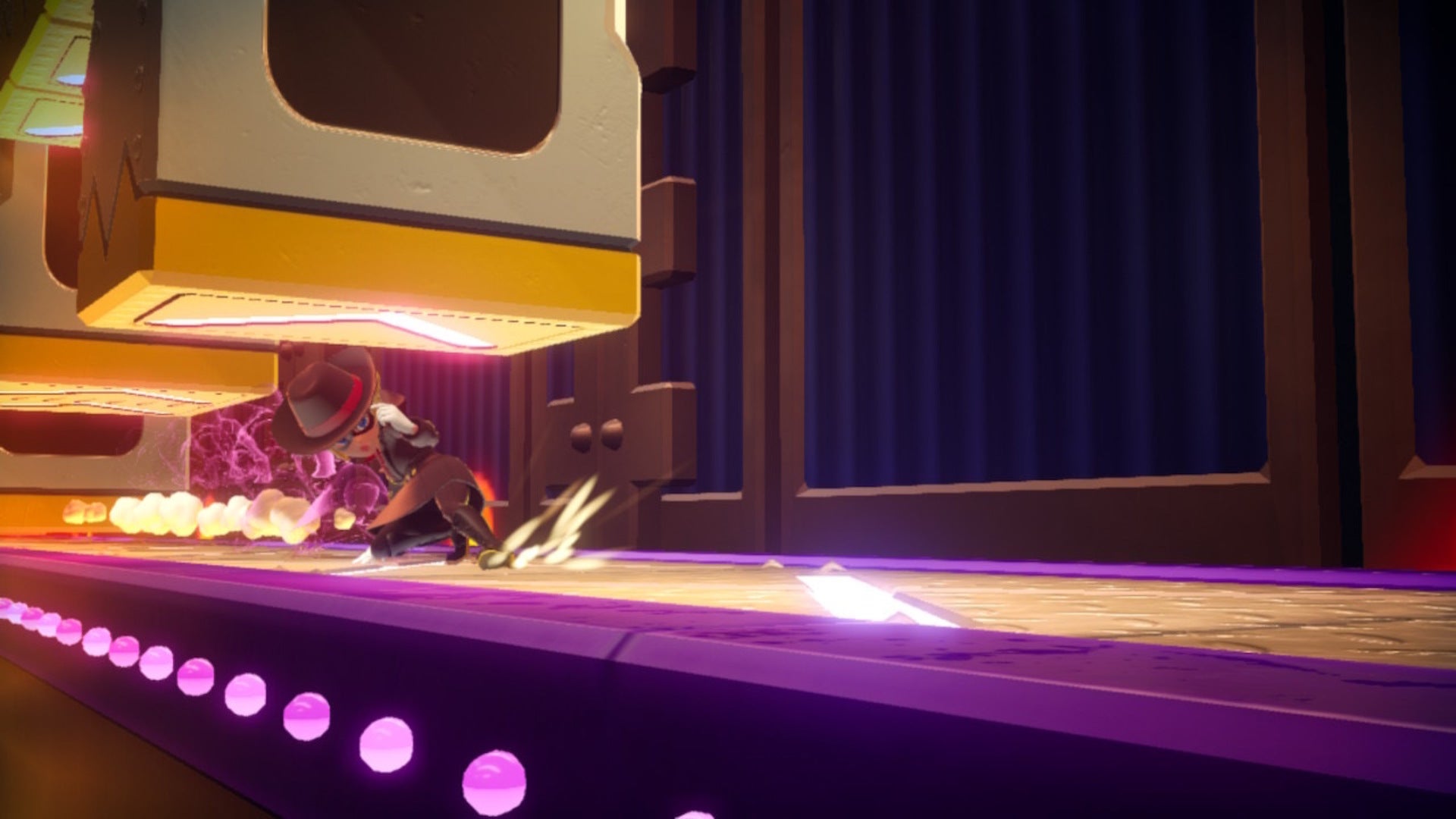 Dashing Thief Peach can be seen sliding beneath some falling platforms in Princess Peach: Showtime