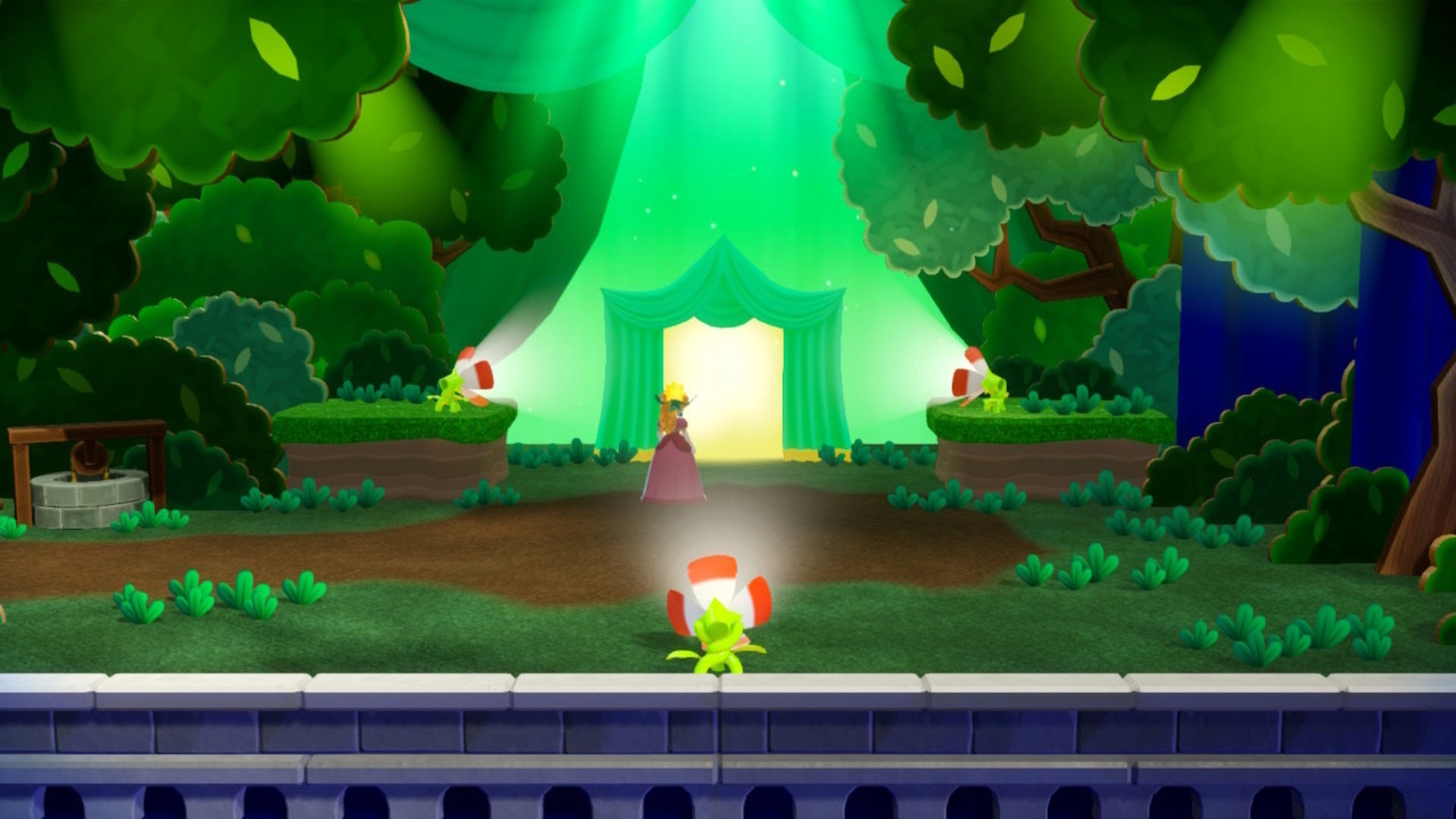 Peach illuminates three flowers to reveal a door, and Sparkle Gem, in Princess Peach: Showtime