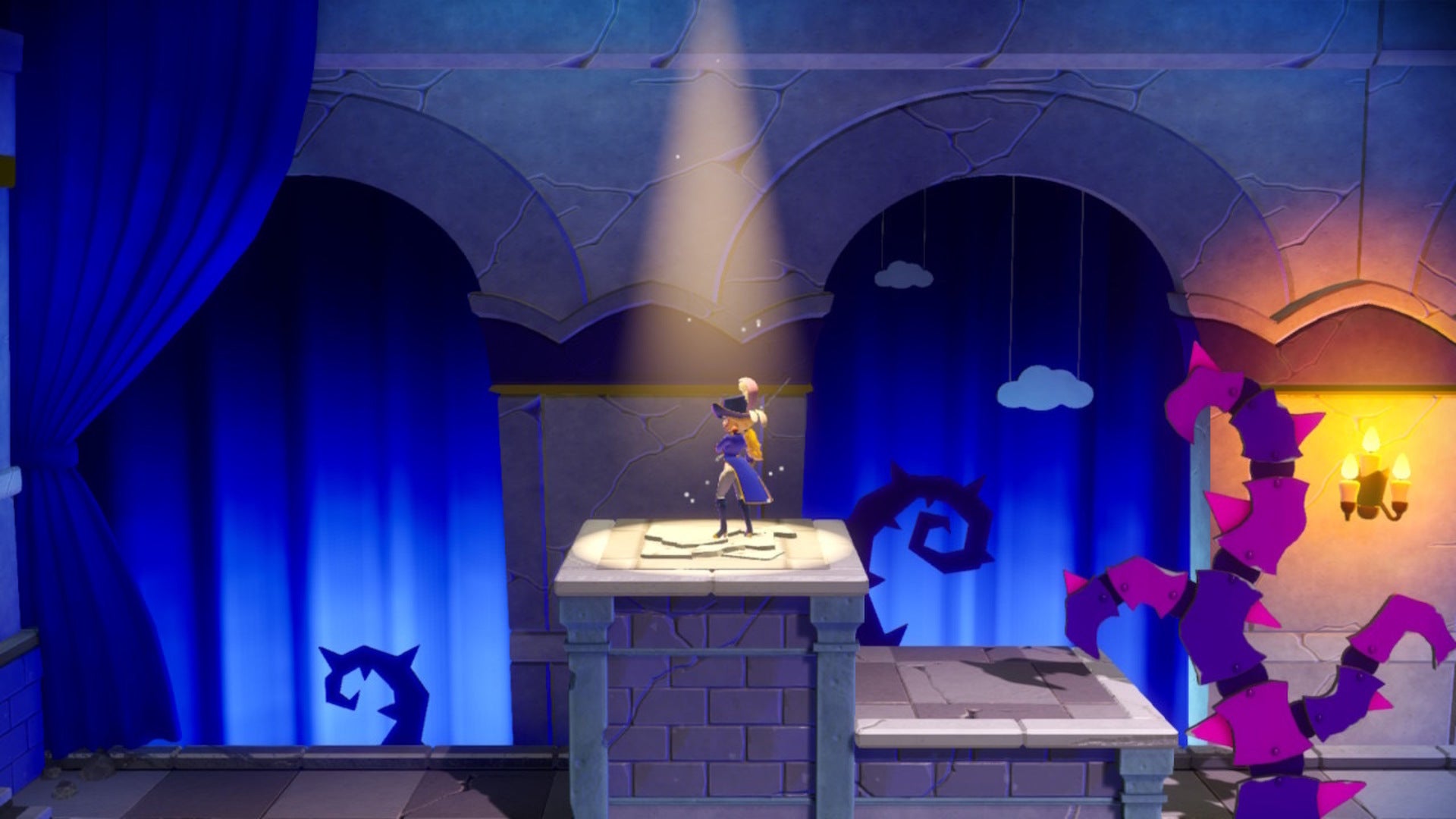 Peach stands atop a pillar with a sparkling spotlight on it in Princess Peach: Showtime