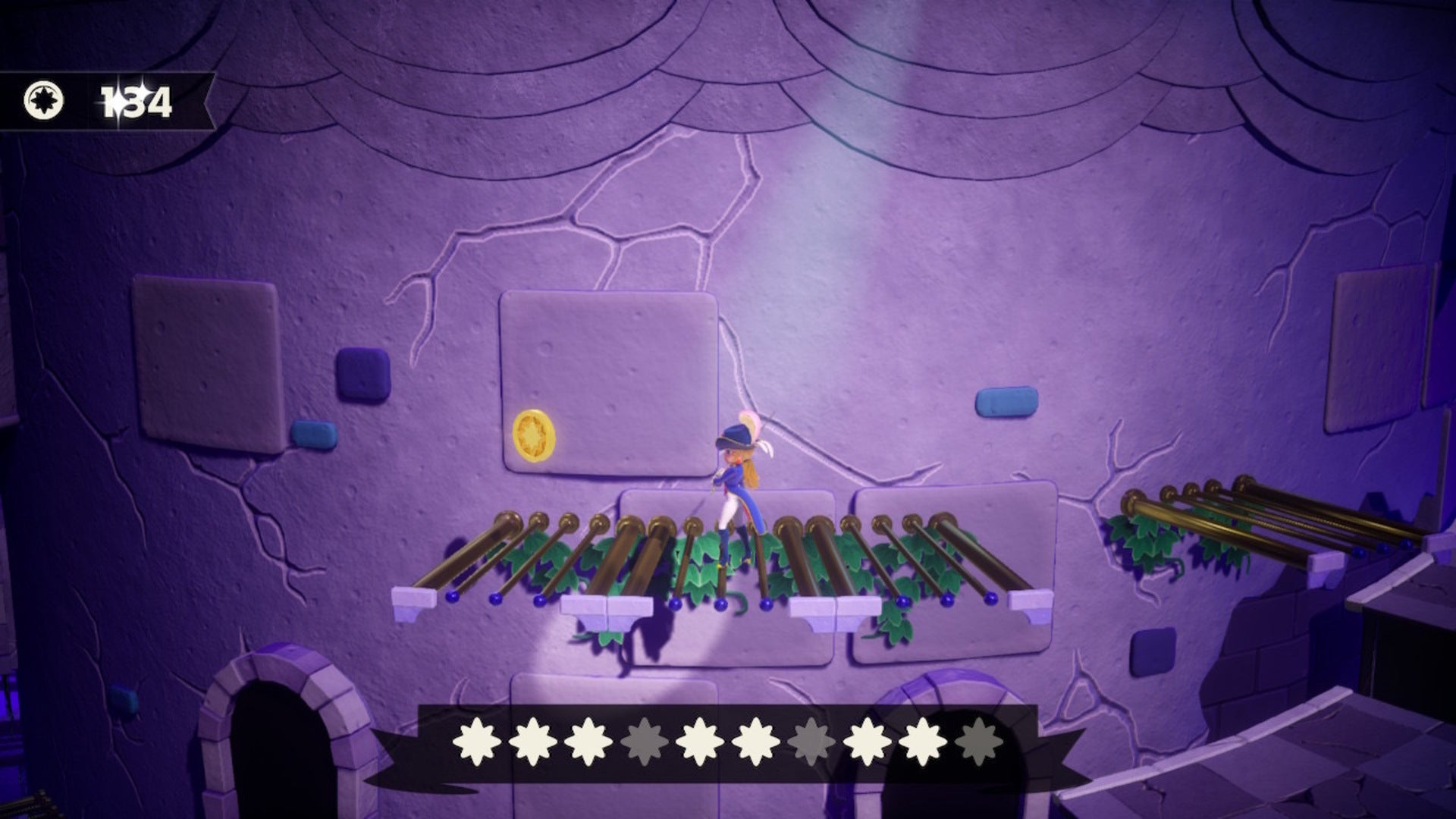 Peach stands on a platform outside of the castle where a Sparkle Gem can be found in Princess Peach: Showtime