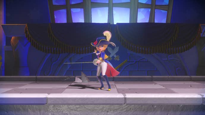 Peach is shown wearing the Swordfighter outfit in Princess Peach: Showtime