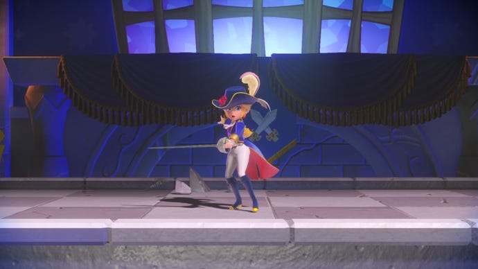 Peach is shown wearing the Swordfighter outfit in Princess Peach: Showtime