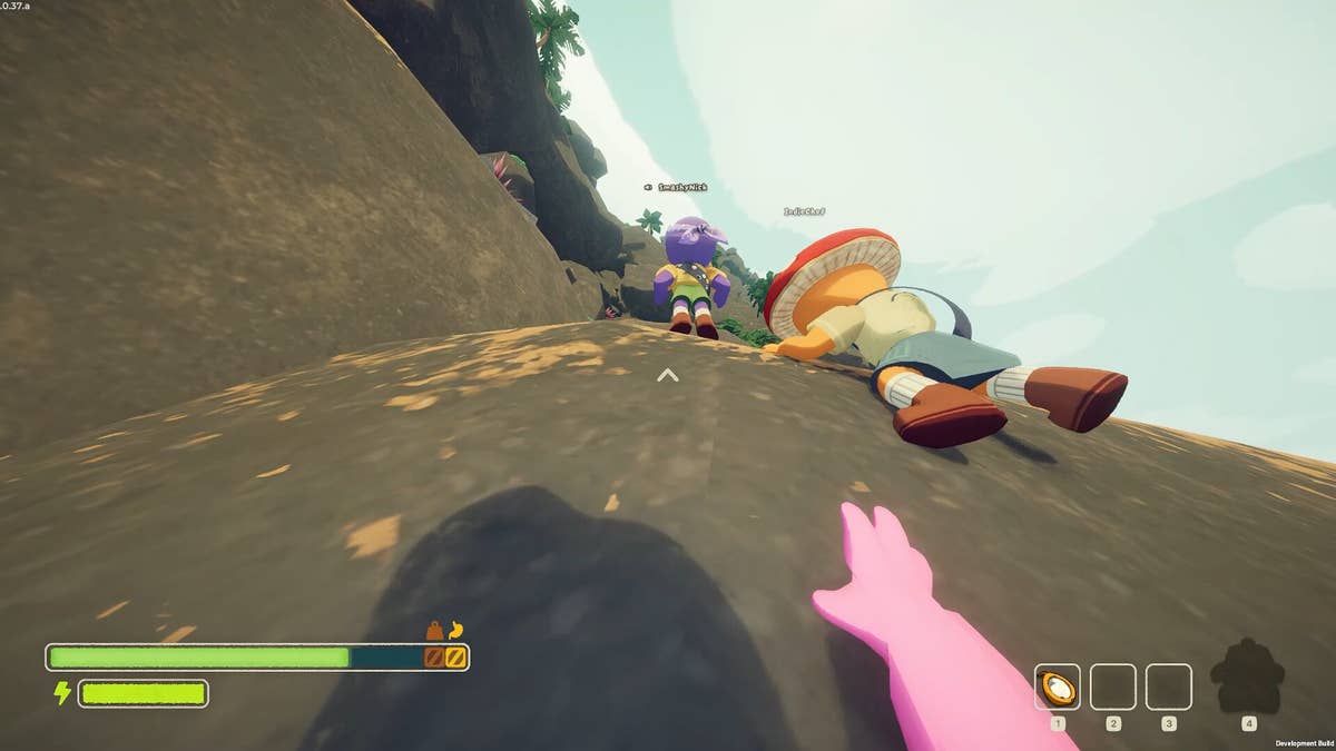 A player climbs towards their friends in Peak.