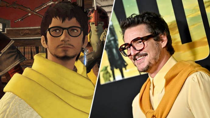 Pedro Pascal’s Final Fantasy 14 cosplay doppelganger and a shot of the man himself on the runway at a Mandalorian premier.
