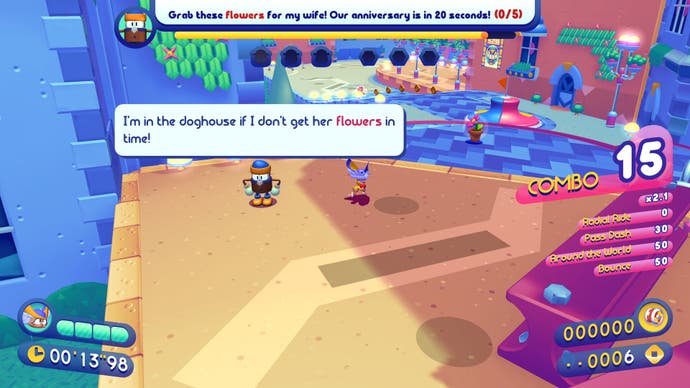 In Penny's Big Break level, a character gives Penny a mission to collect flowers. There is a large open space to walk around.