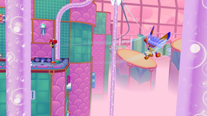 Penny rides a rail through a playful landscape in this screen from Penny's Big Breakaway.