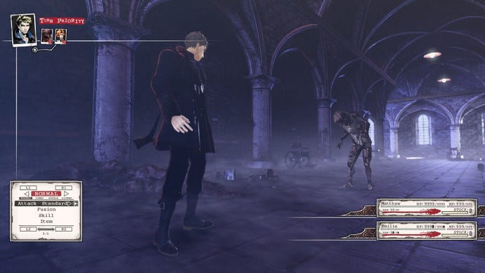 A blond man fights a strange monster in a dark crypt in Penny Blood.