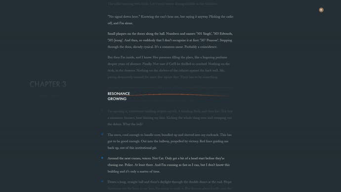 A page of text in Penrose. Certain lines fade away and are replaced by a wavy line with the words “Resonance growing”.