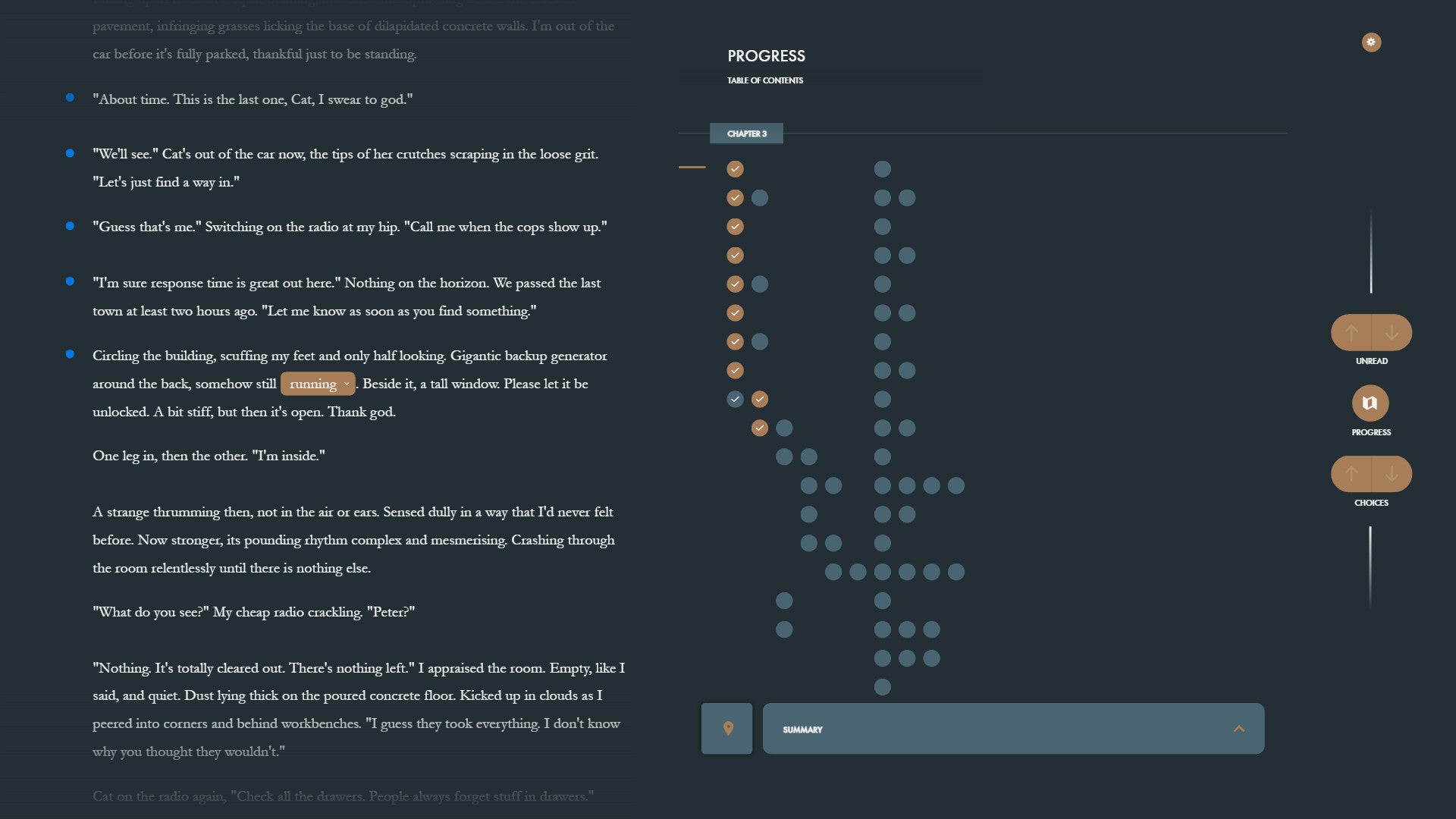 A page of text in Penrose, with a chart showing progress through various in-game nodes down one side.