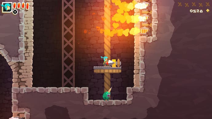 The hero rides a platform up a vertical pole in Pepper Grinder, navigating blasts of flame.