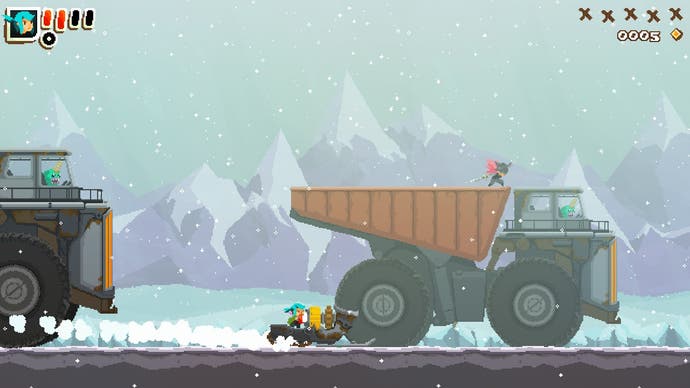 The hero of Pepper Grinder drives a skidoo between giant trucks on an icy road.