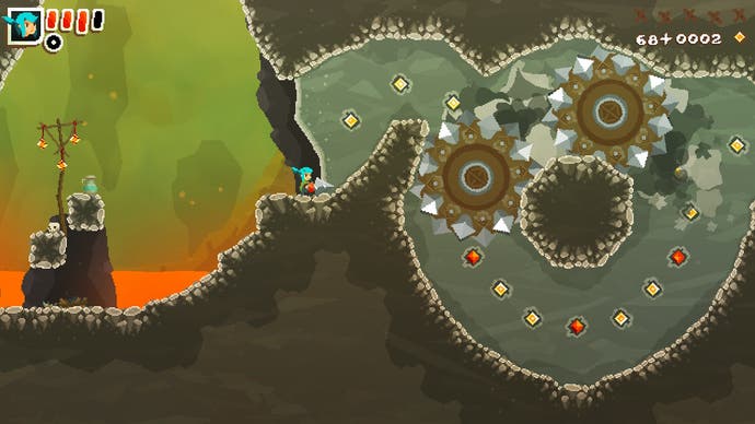The hero of Pepper Grinder navigates a loop associated with dirt with several jagged wheels chugging through that. Lava lurks into which distance.