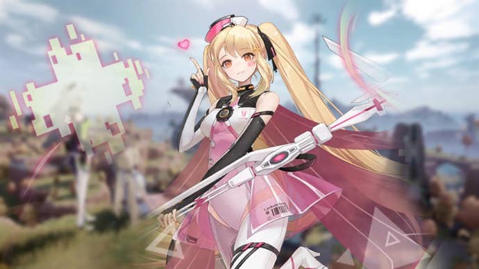 Tower of Fantasy image showing Pepper against a blurred backdrop of a cloudy sky over a craggy grassland.