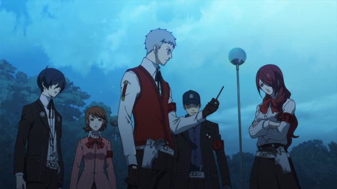 A screenshot from Persona 3 Reload, showing an anime cutscene with the SEES crew.
