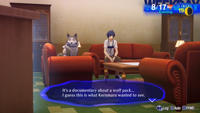 In a screenshot from Persona 3: Reloaded, the Leader and the best boy, Koromaru, are watching TV together.