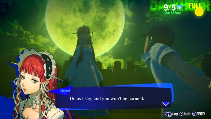 In a screenshot from Persona 3: Reloaded, the Chidori looks ominous under the green moon.