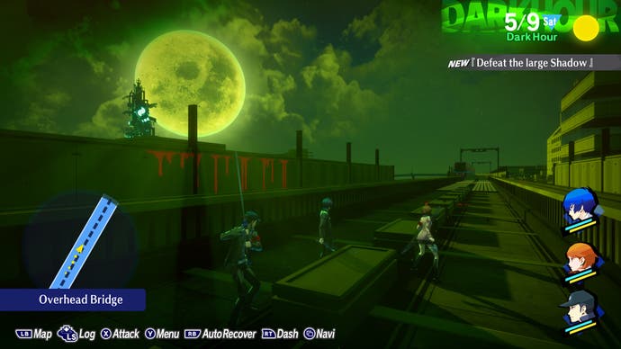In a screenshot from Persona 3: Reloaded, Captain, Junpei and Yukari are running on the railroad tracks.