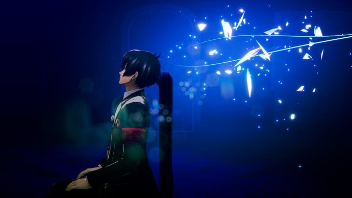A screenshot from Persona 3: Reloaded shows blue magic shards shooting out of the protagonist's head.