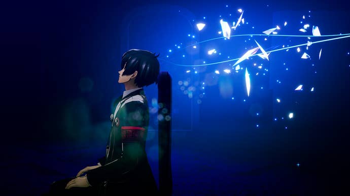 A screenshot from Persona 3 Reload, showing blue magical debris shooting out of the main character’s head.