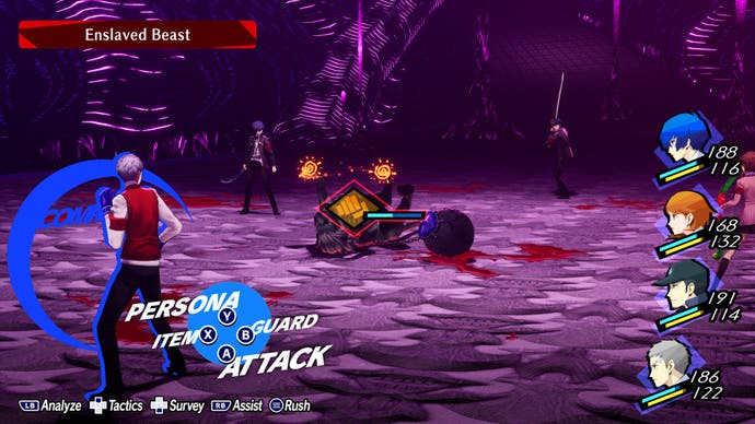 A screenshot from Persona 3: Reloaded, showing the battle in Tartarus.