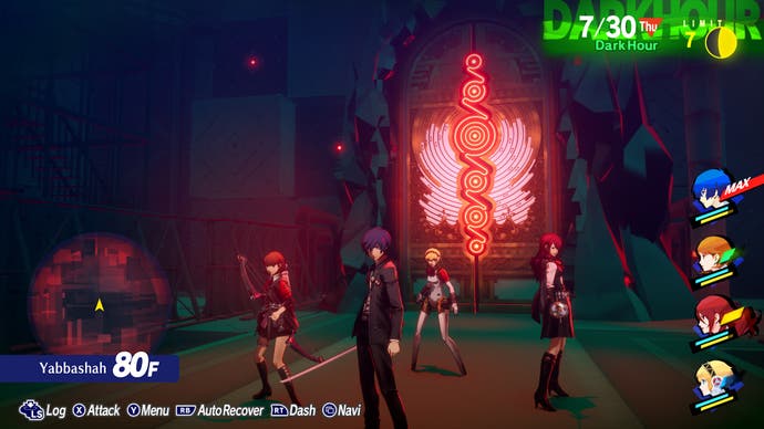 In a screenshot from Persona 3 Reloaded, the party is waiting in front of the Monad.