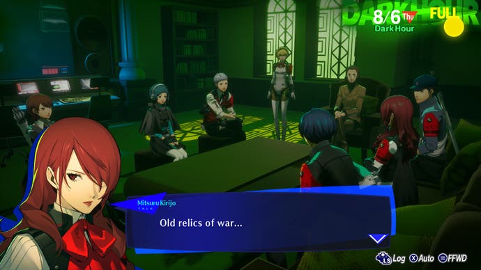 In a screenshot from Persona 3: Reloaded, the SEES team meets in a dark hour.