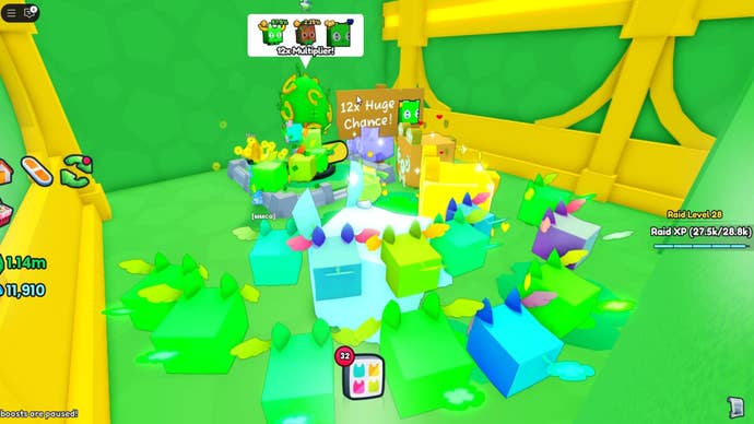 The player approaches the St Patrick’s exclusive event egg at the end of an event raid in Roblox’s Pet Simulator 99, which has a Huge Pet multiplier