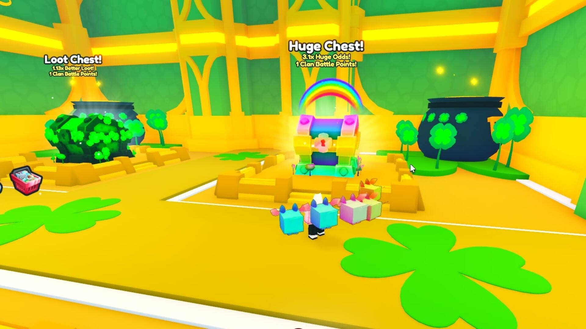 The player faces a Huge Chest at the end of a St Patrick's event raid in Roblox's Pet Simulator 99 - 4