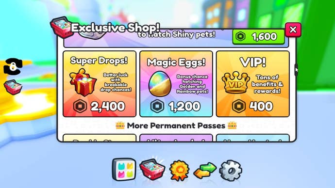 The Super Drops, Magic Eggs, and VIP Gamepasses are shown in the in-game exclusive shop in Roblox’s Pet Simulator 99