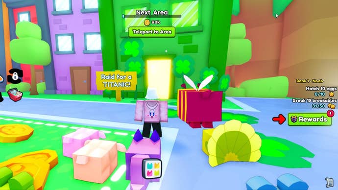 The player faces the building which leads to the St Patrick’s event festivities in Roblox’s Pet Simulator 99