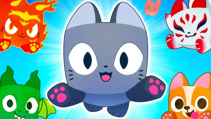 Five pets, including a cat, dragon, and dog can be seen in key artwork for Roblox’s Pet Simulator 99