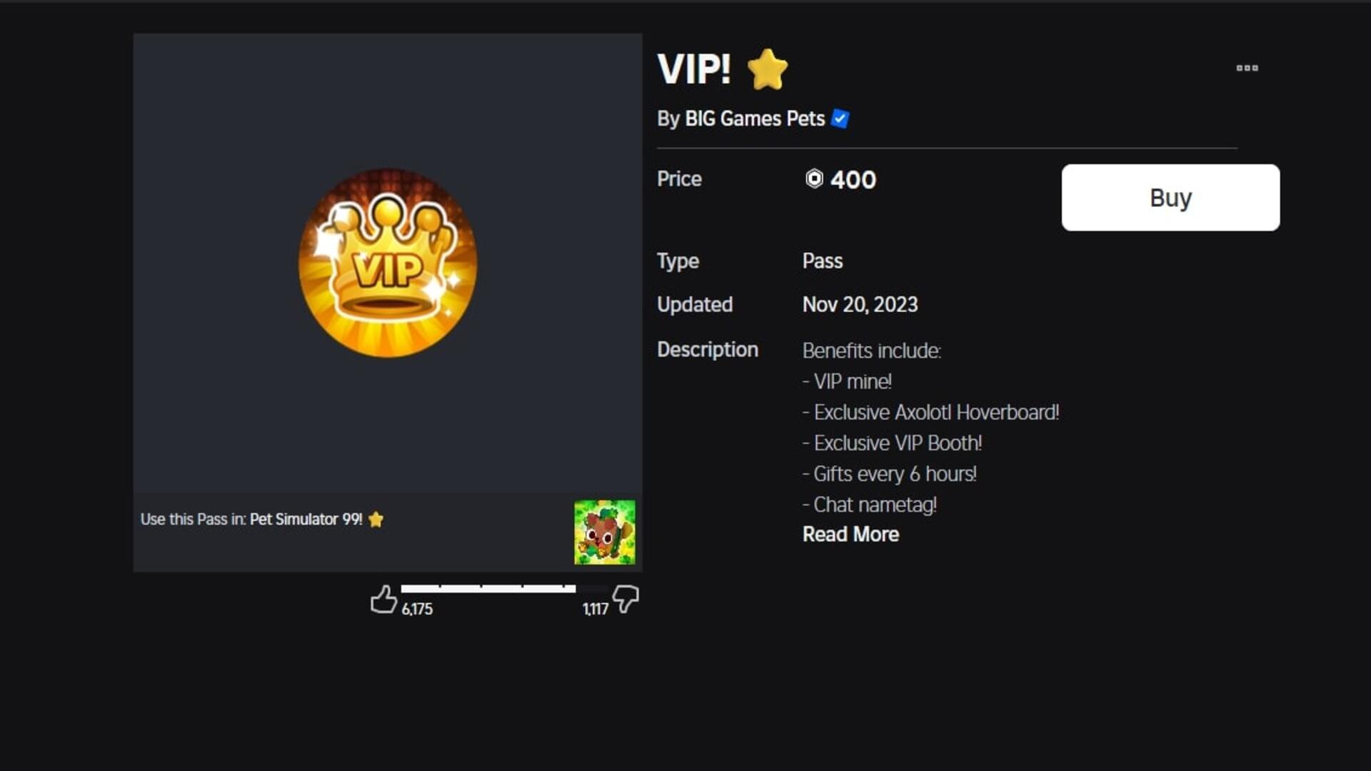 The details of what is included in Roblox's Pet Simulator 99 VIP Gamepass are shown - 4