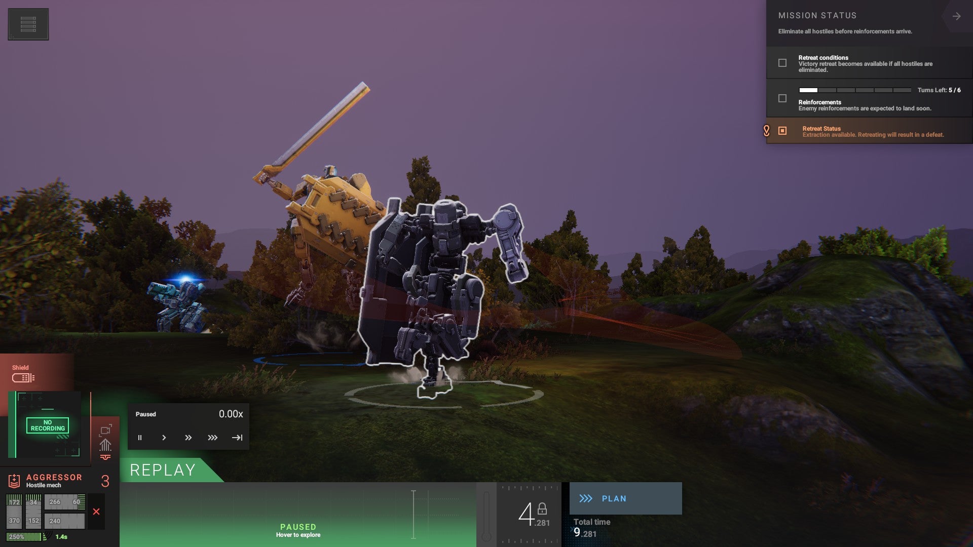 Phantom Brigade review - a replay showing one mech charging towards another that has a sword raised