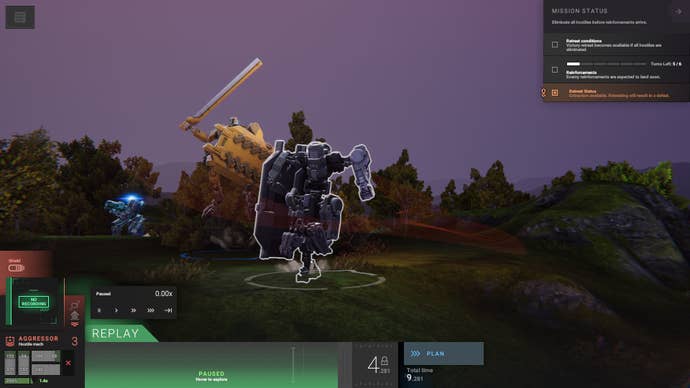 Phantom Brigade review - a replay showing one mech charging towards another that has a sword raised