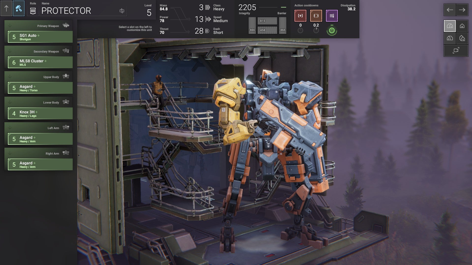 Phantom Brigade review - a mech in its big dock with an engineer next to it