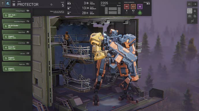 Phantom Brigade review - a mech in its big dock with an engineer next to it