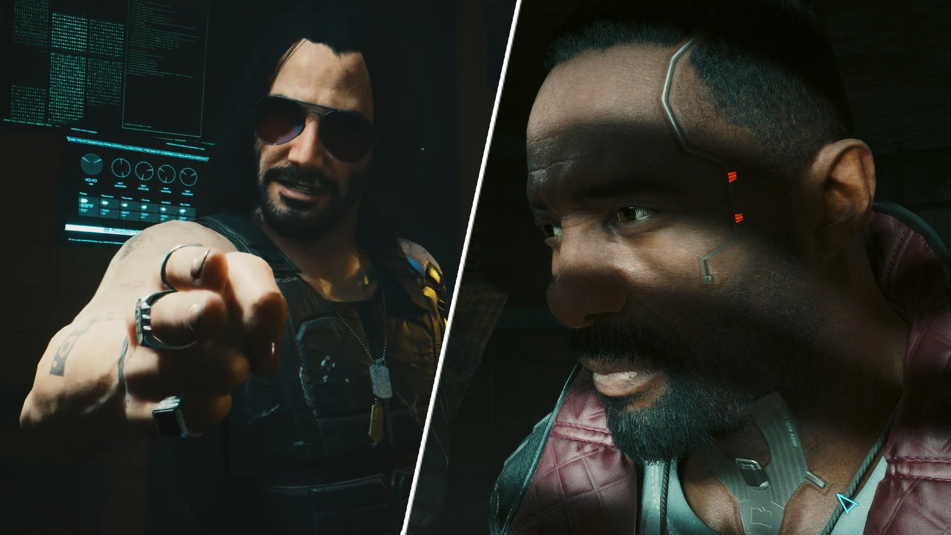 Split image featuring Idris Elba and Keanu Reeves' characters in Cyberpunk 2077: Phantom Liberty - 1