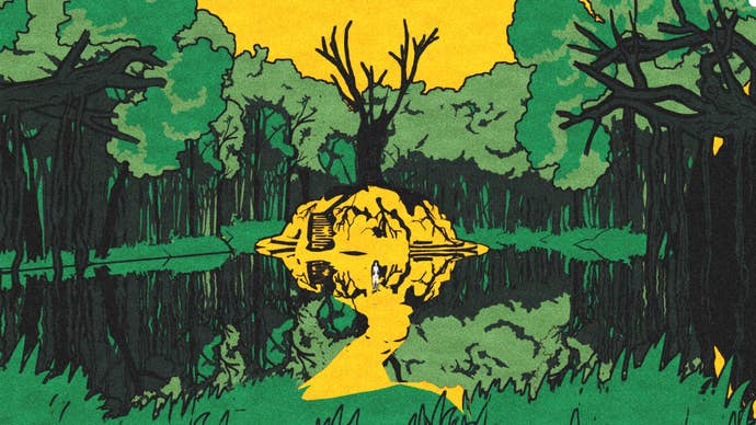 Iris stands in a yellow and green grove.