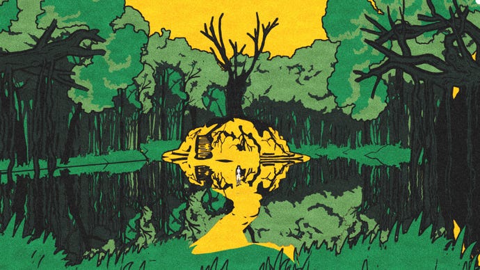 Iris stands in a yellow and green grove.