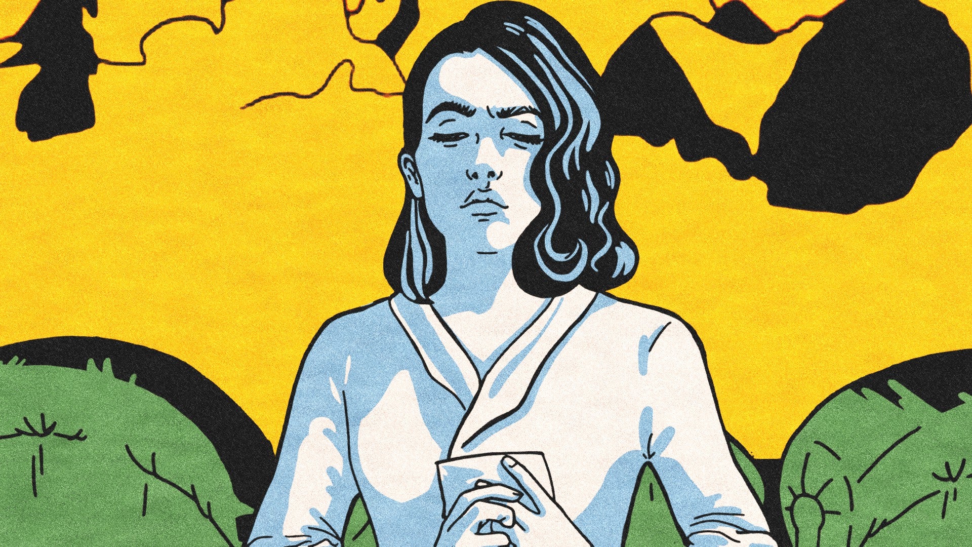 Iris closes her eyes, in the background is a yellow and green valley.