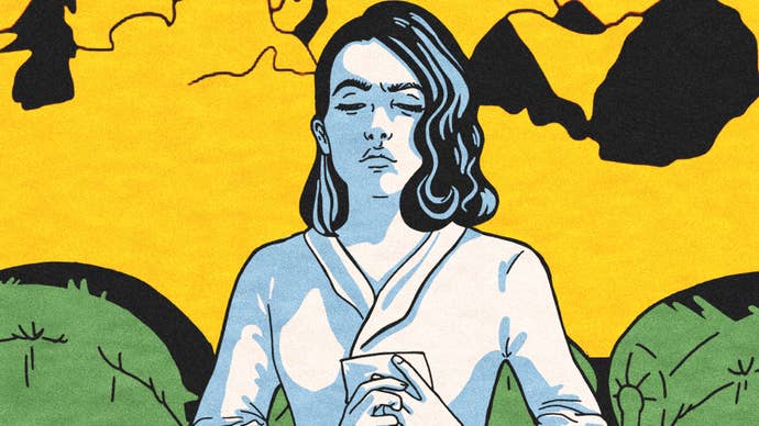 Iris closes her eyes, in the background is a yellow and green valley.