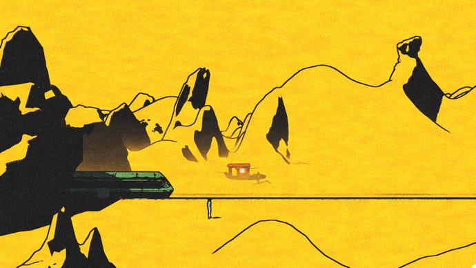 Iris stands in a yellow mountainous area, as a train passes.