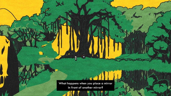 A green and yellow forest, one character asks “What happens when you place one mirror in front of another mirror?”.