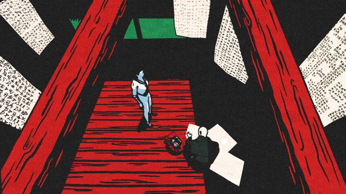 Iris stands on some striking red floorboards.