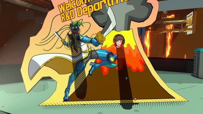 Chai and 808 pose in a photo cutout standee in Hi-Fi Rush