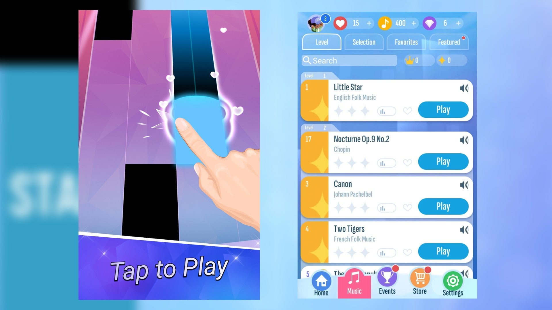 Piano Tiles 2 gameplay and a list of available songs is shown - 35