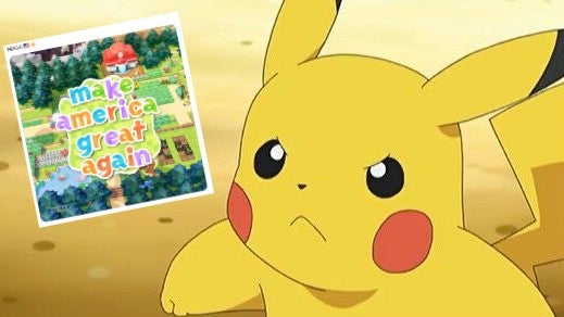 Pikachu looks angry with a screenshot of The White House's MAGA Pokopia post overlaid on top
