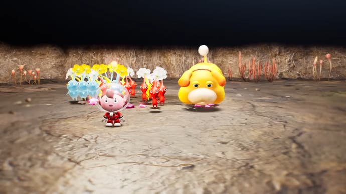 Pikmin 4 Captain stands in front of a squad of Pikmin with Oatchi beside them