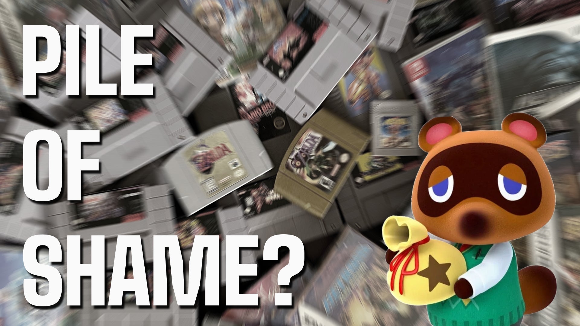 Animal Crossing character holds bag of money over a background of retro games. - 1